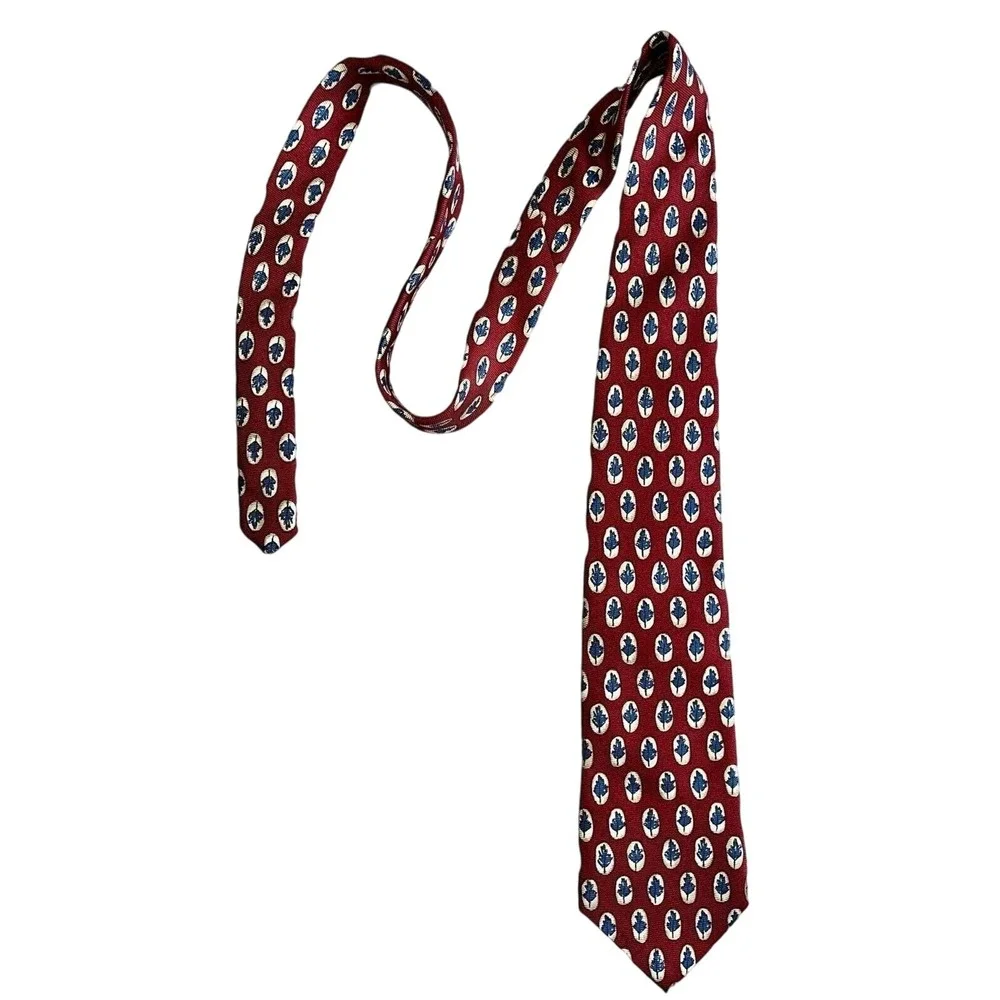 Lands' End Men's Ties Set Of Two 100% Silk Neck Ties Red‎ Navy Leaf Dot Pattern